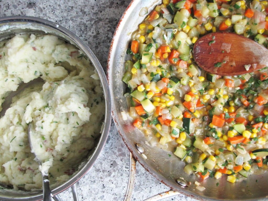 Skillet veggies and saucepan potatoes