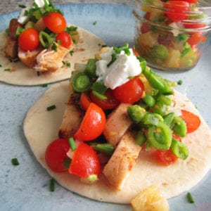 Lime Chili Chicken Tacos with Snap Pea Pineapple Pico de Gallo