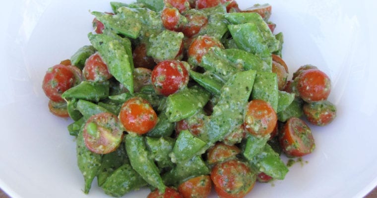 Tomato Snap Pea Salad with Basil Pesto Vinaigrette