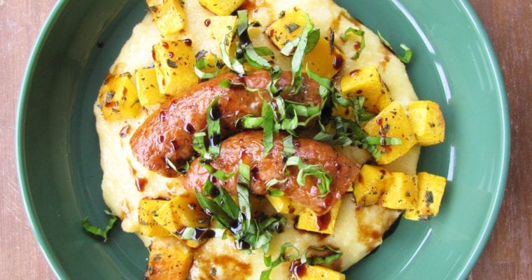 Roasted Sage Butternut Squash and Sausage on Parmesan Polenta with Balsamic Reduction