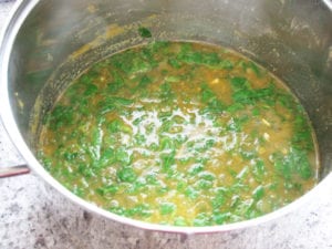 Soup simmered 30 minutes and spinach added