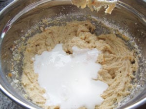 Add buttermilk, alternating with dry ingredients