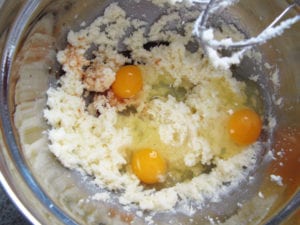 Cream Butter and Sugar, then add eggs and vanilla