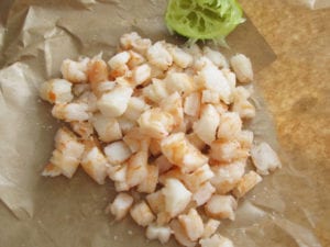 Diced cooked shrimp tossed with lime and salt