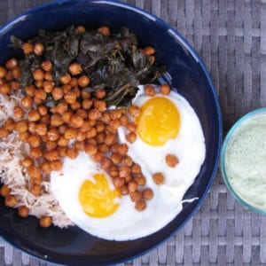 Braised Chard Egg Rice Bowl with Roasted Chickpeas
