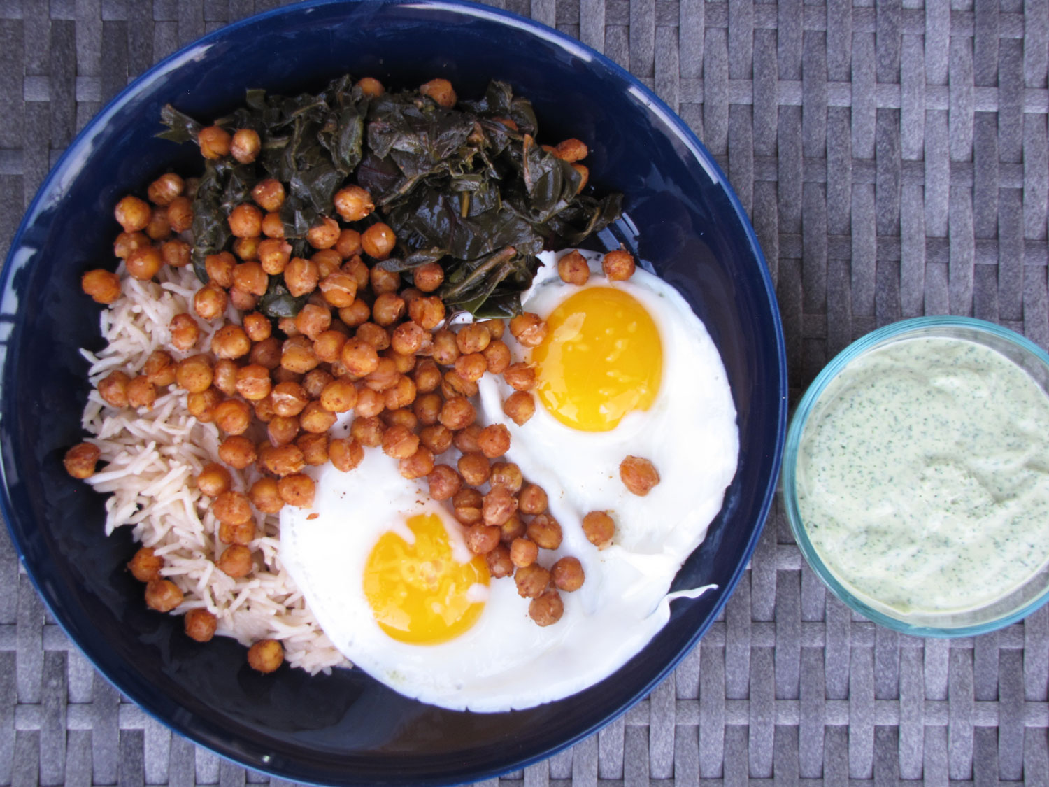 Braised Chard Egg Rice Bowl with Roasted Chickpeas
