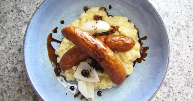 Root Vegetable Mash with Roasted Sausage and Balsamic