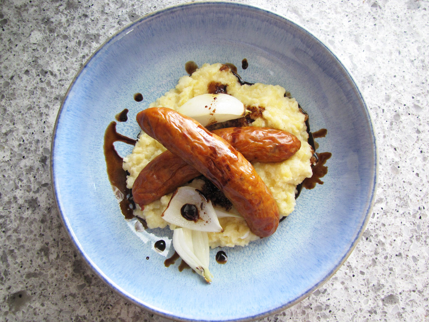 Root Vegetable Mash with Roasted Sausage and Balsamic