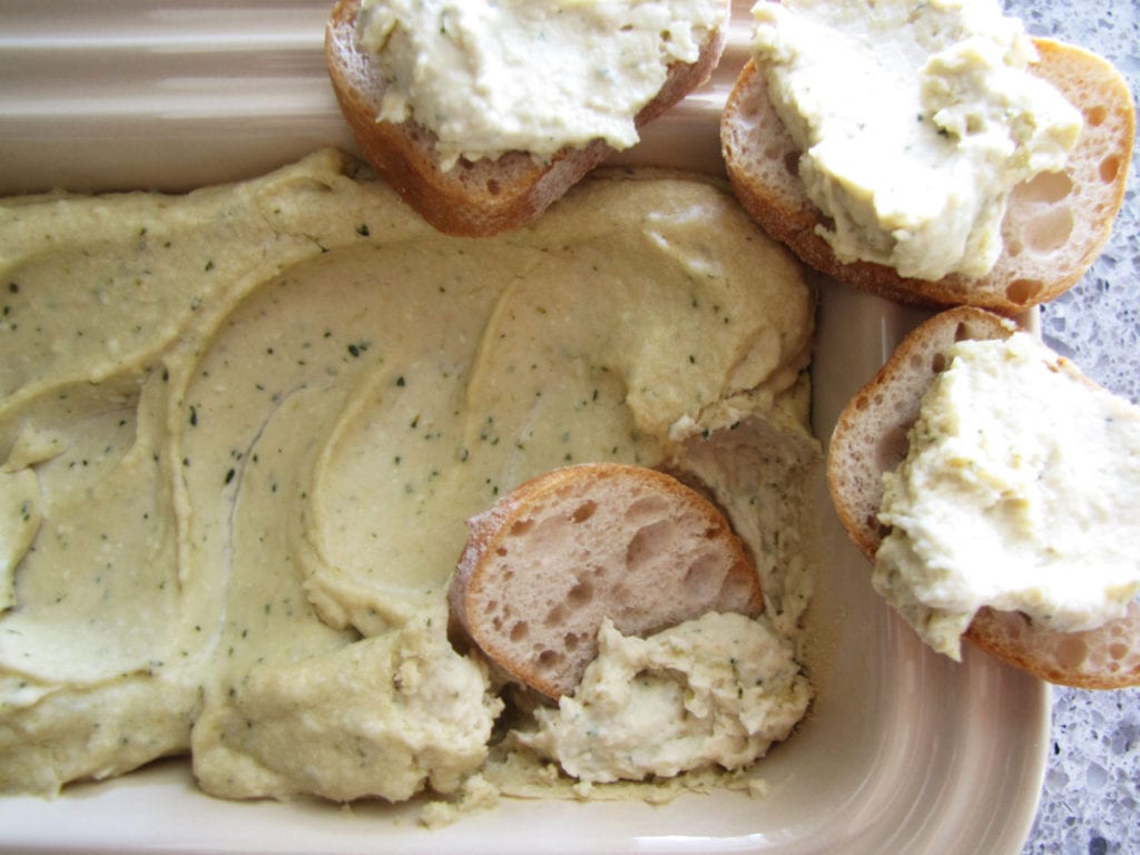 White Bean Feta Tahini Dip served with French Bread toasts