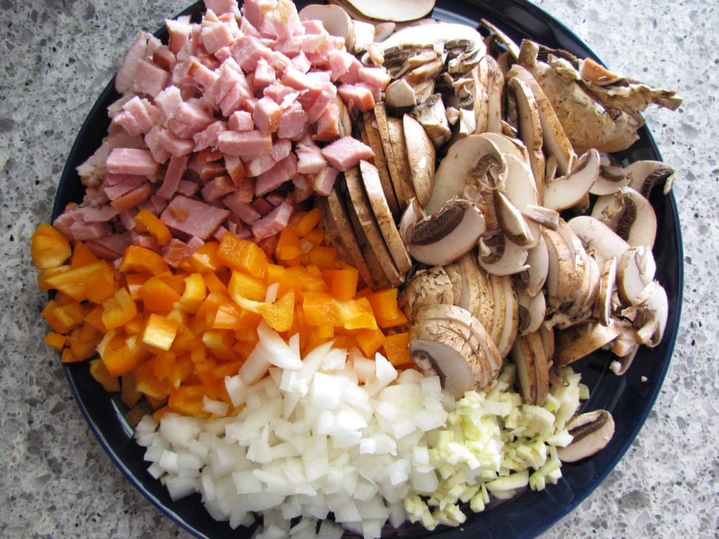 diced ham, onion, peppers, sliced mushrooms, minced garlic