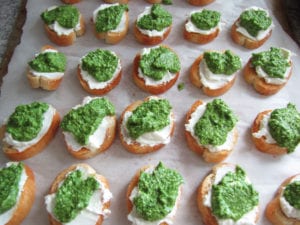 Baguette Toasts with Goat Cheese and Fennel Frond Pesto
