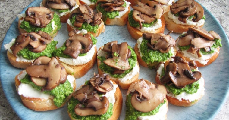 Fennel Frond Pesto Toasts with Mushrooms and Goat Cheese