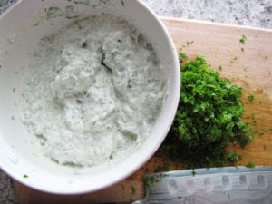 Herb Sauce with half of the Herbs Reserved for the Potatoes