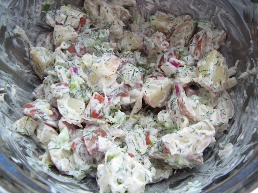 Sauerkraut Potato Salad in the Mixing Bowl