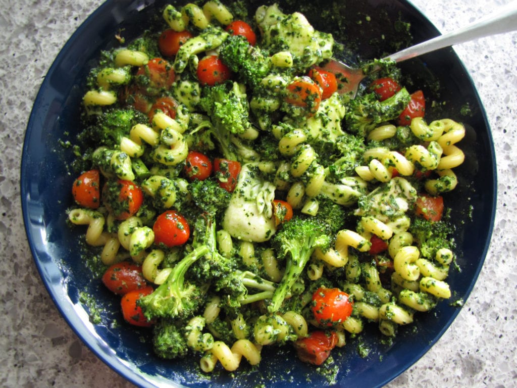 Kale Pesto on Pasta with Tomatoes, Mozzarella and Roasted Broccoli