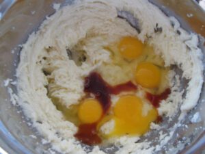butter, cream cheese and sugar creamed, add eggs and vanilla